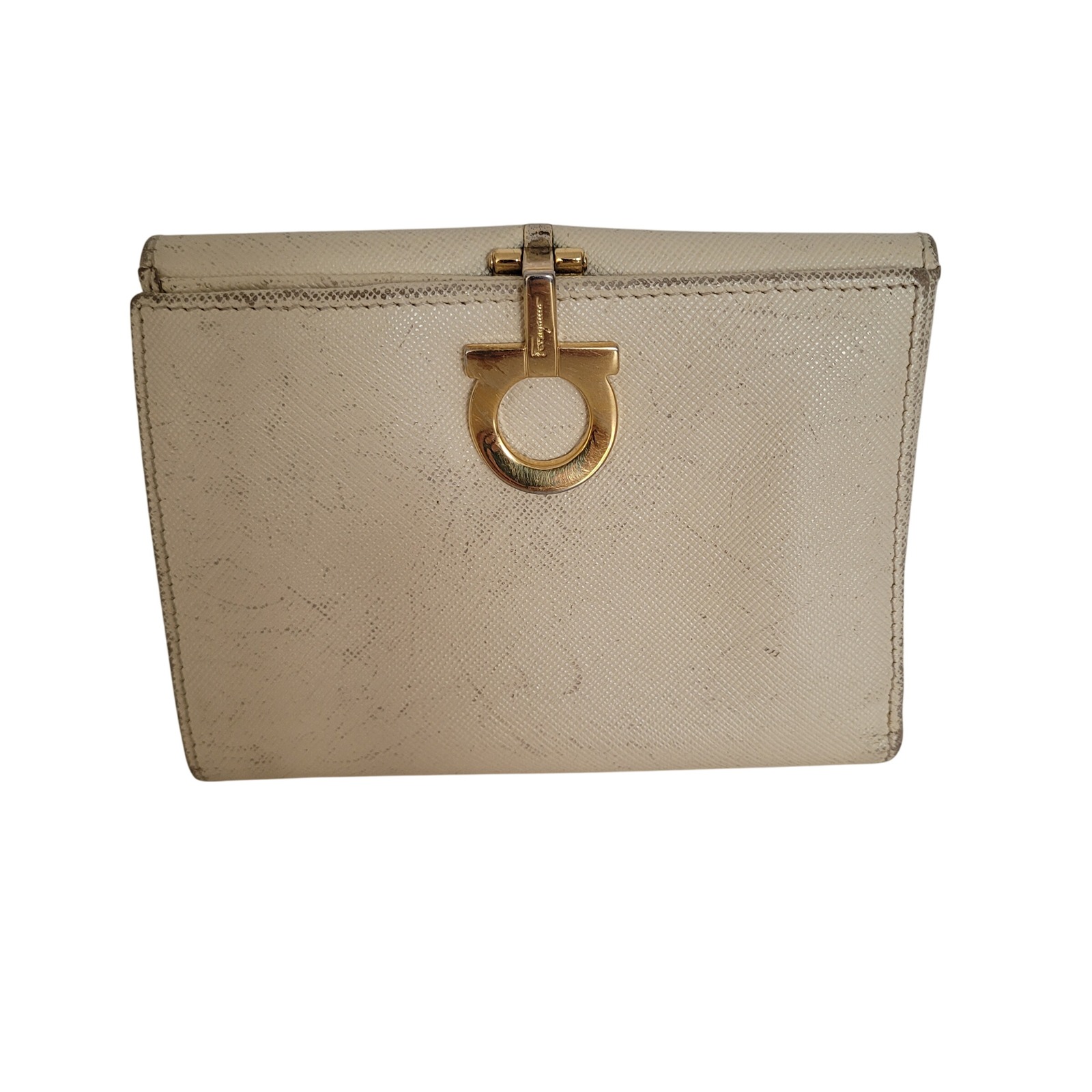 Salvatore Ferragamo Gancini Bifold Wallet Cream Saffiano Leather Gold Hardware